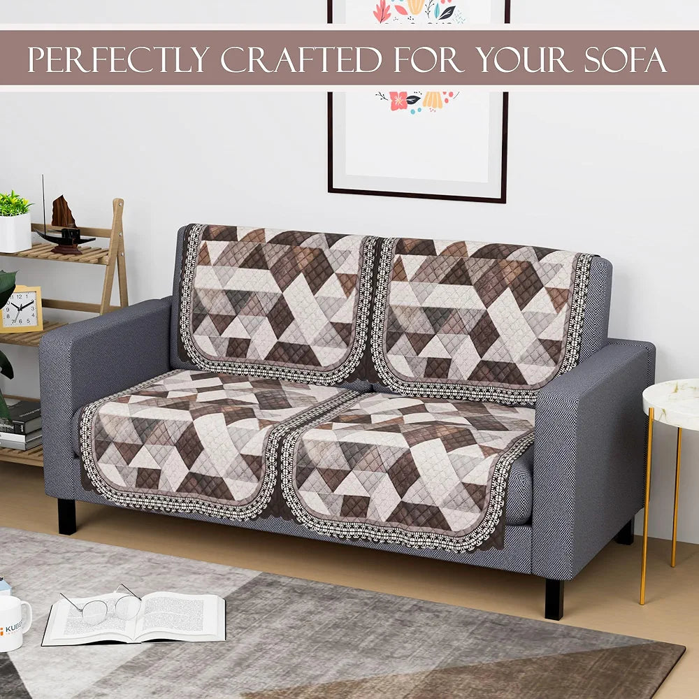 Kuber Industries Set of 4 Durable 2 Seater Sofa Cover for Living Room | Easy Machine Washable Sofe ke cover for Protection & Comfort for Home Furniture | Triangle Print - White & Brown